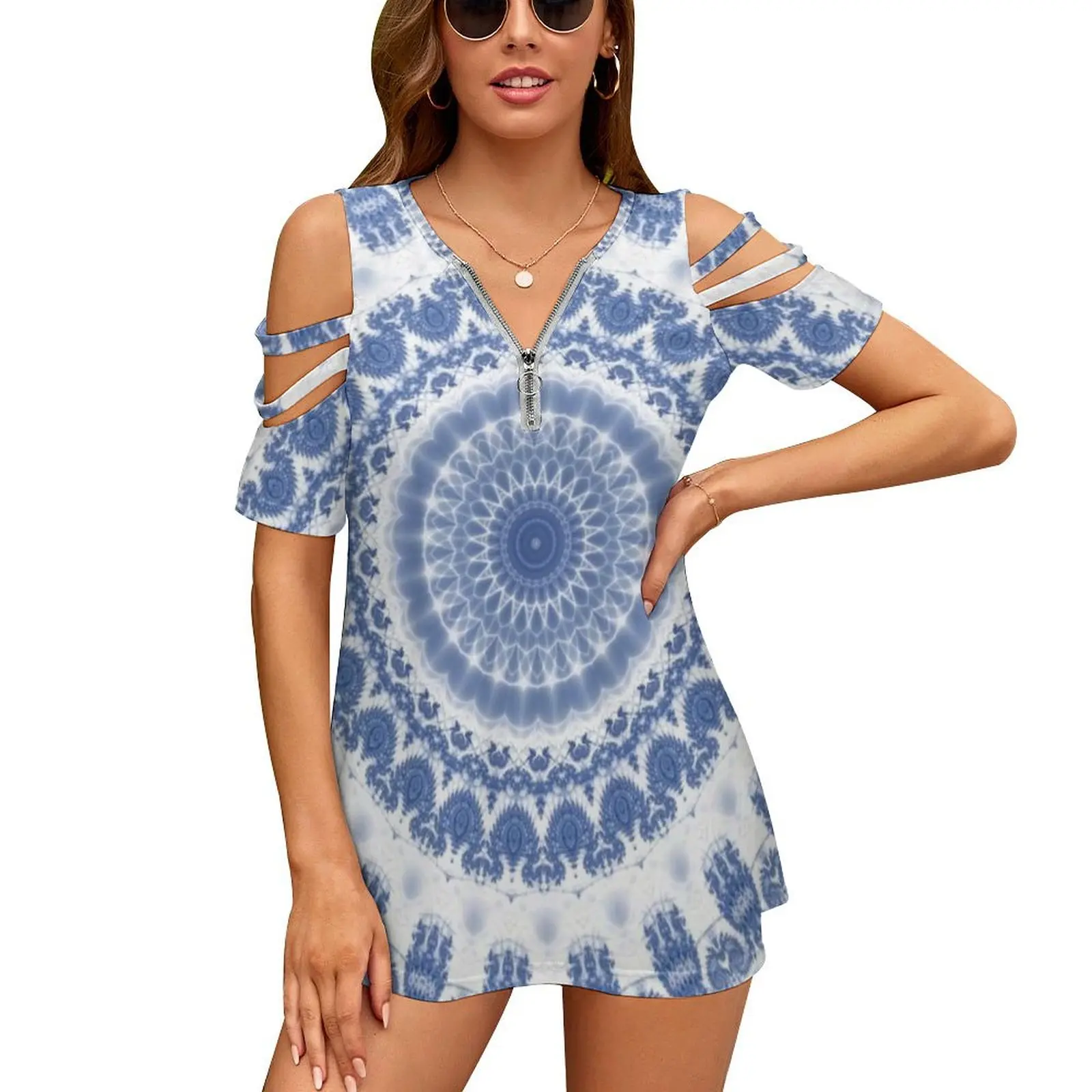 Blue And White Fractal Mandala Women Zipper Various styles Printed T Shirts Tops Full Print T-Shirt Mandala Mandalas Mandala Art