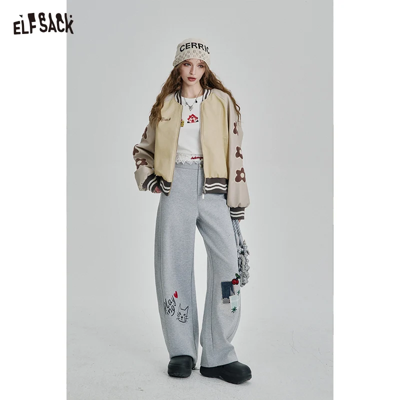 ELFSACK 2025 Lente Nieuwkomers Bloemen Contrast Kleur Splicing PU Leren Jas Dames Casual Sport Baseball Jas