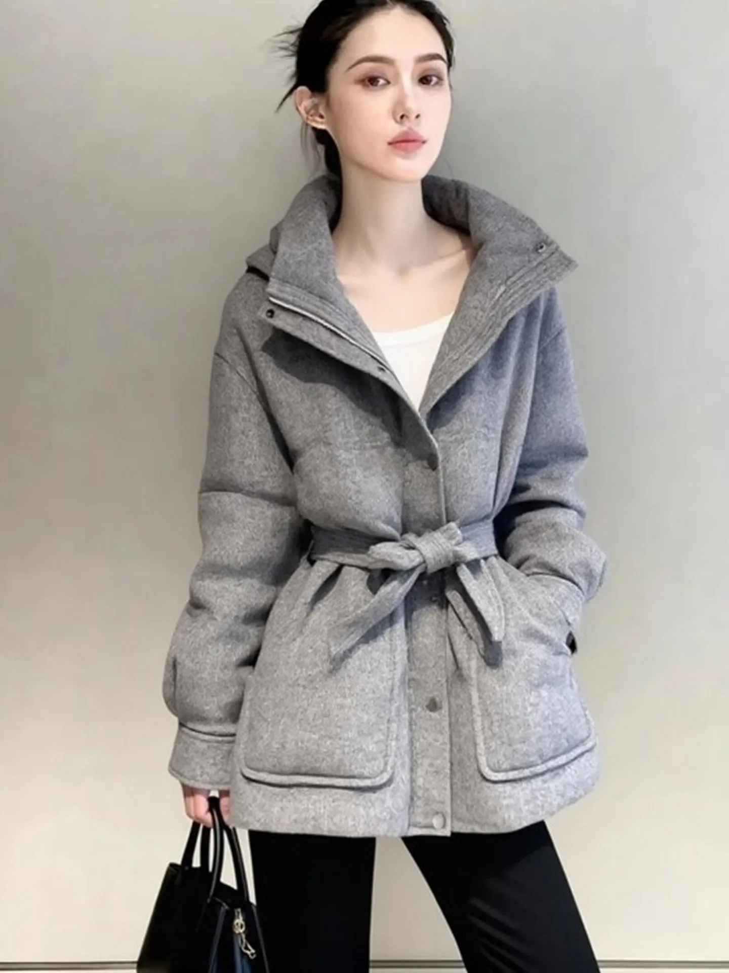 Ele ey Casaco feminino de comprimento médio com capuz Jaet Thi quente e emagrecedor casual Sle Stand Fit branco Du down