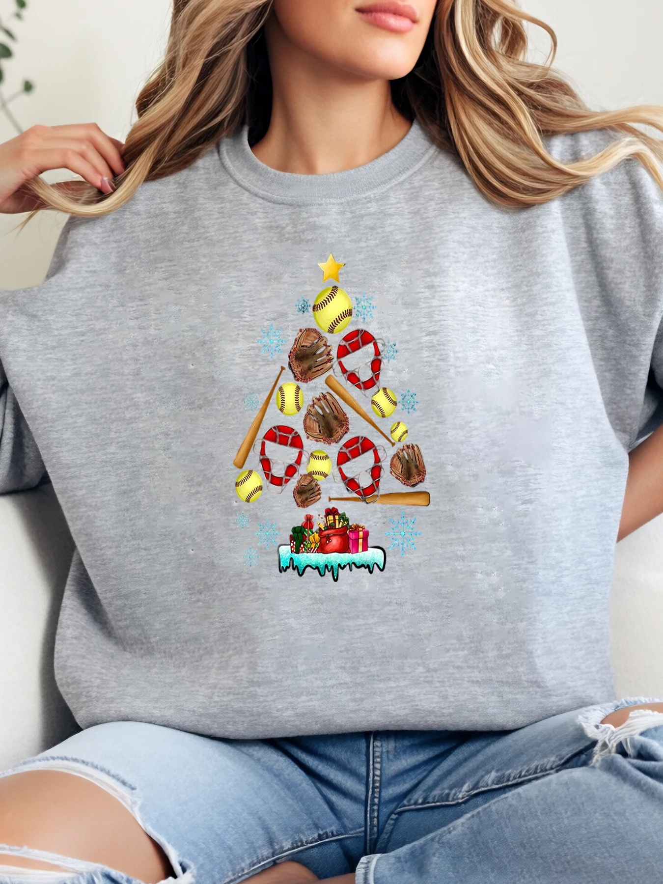 البيسبول شجرة عيد الميلاد طباعة عطلة Crewneck البلوز المرأة ملابس شتوية غير رسمية حجم كبير