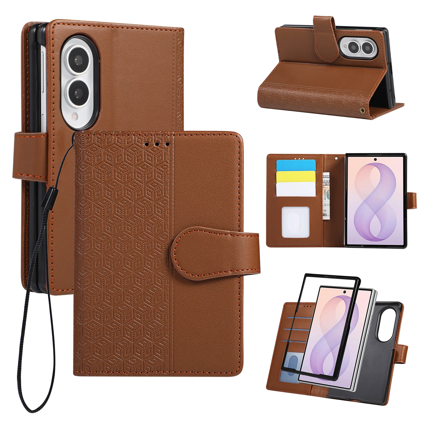 Embossed Pattern Leather Wallet Phone Case with Wrist Strap Lanyard for Samsung Galaxy Z Fold 8 Ultra 7 6 5 4 3 Card Slot Cover