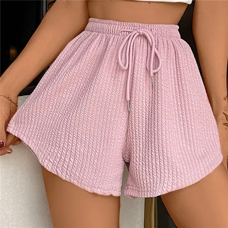 Women\'s Fashion Shorts Summer High Elastic Lace Up Drawstring Wide Leg Sweat Fitness Running Shorts Loose Casual Sports Pants