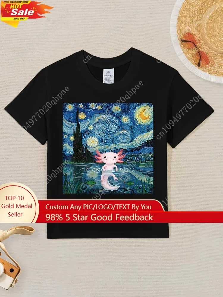 

dorable Axolotl Kawaii Van Gogh Style Starry Night Children T-Shirt Kid Tee Shirt Round Neck Boy Girl Tshirt Summer Short Sleeve