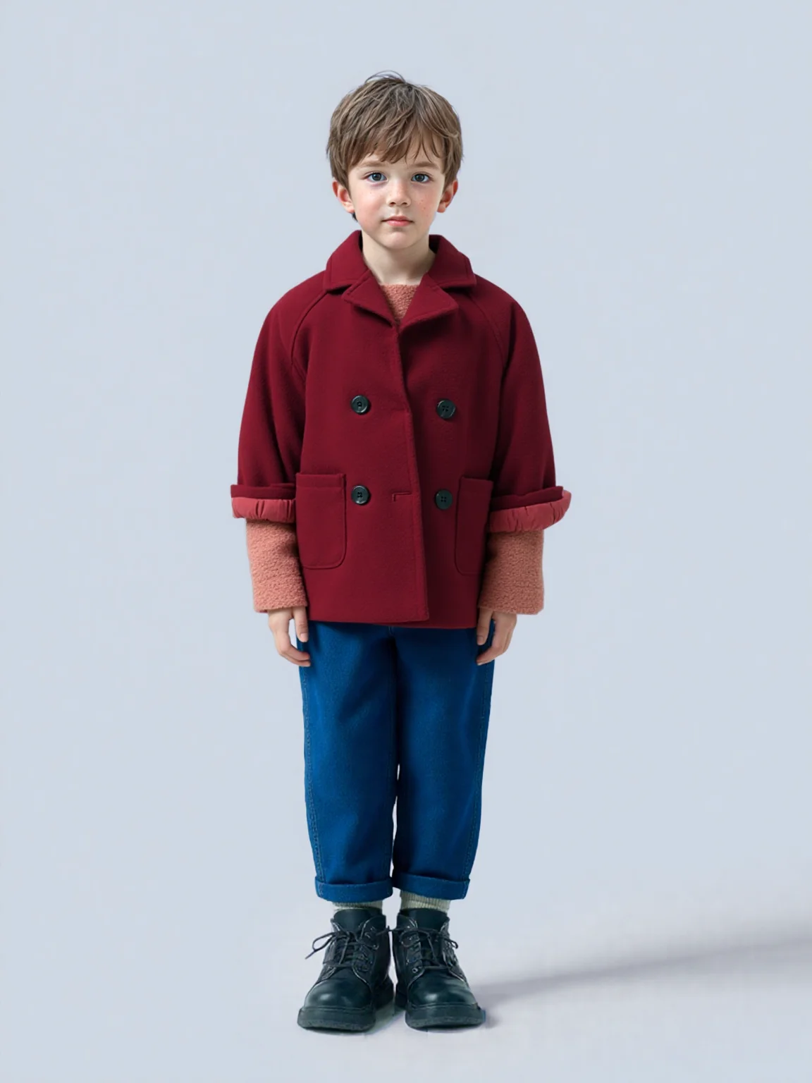 

Boys Wine Red Winter Warm Wool Coat Child Windproof Outdoor Jacket School Kids Fromal Birthday Party Photography Woolen Coat