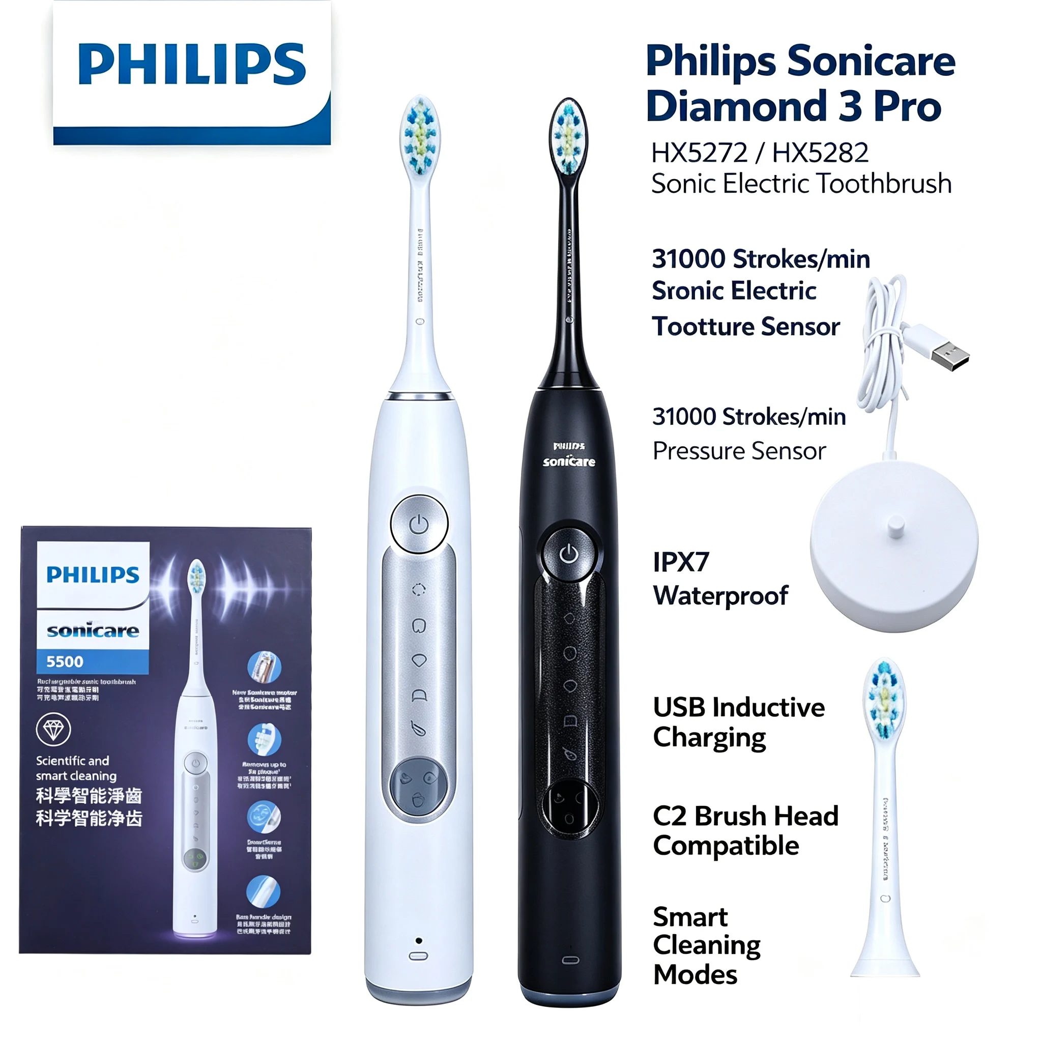 Philips Sonicare HX5272 HX5282 Diamond3 Pro Electric Toothbrush Visual Pressure Light Ring 5 Modes IPX7 Waterproof