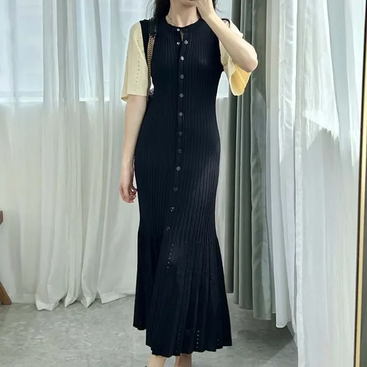 

Dress Women Summer New French Elegant Fragrance High-end Slimming Smooths Your Silhouette Hollow Slimming Fish Tail Knit Dress