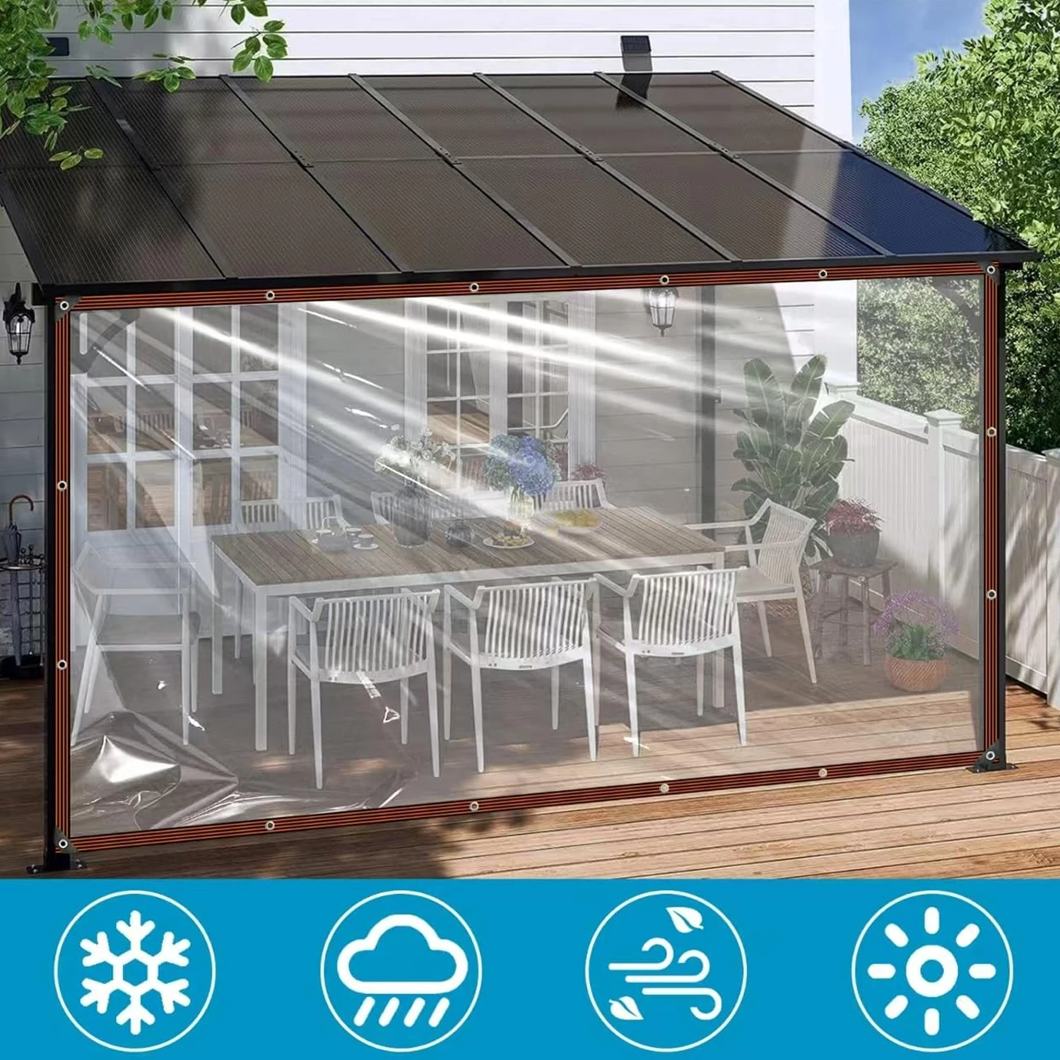 Lona Impermeable Transparente con Ojales para Toldo de Patio, Protección para Balcón