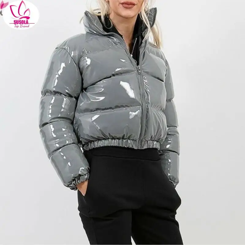 Autumn Winter Women Bright PU Puffer Jackets Warm Bubble Coat Down Parka Outcoat Zipper Jacket Pink Cute Cropped Parka XXL y2k