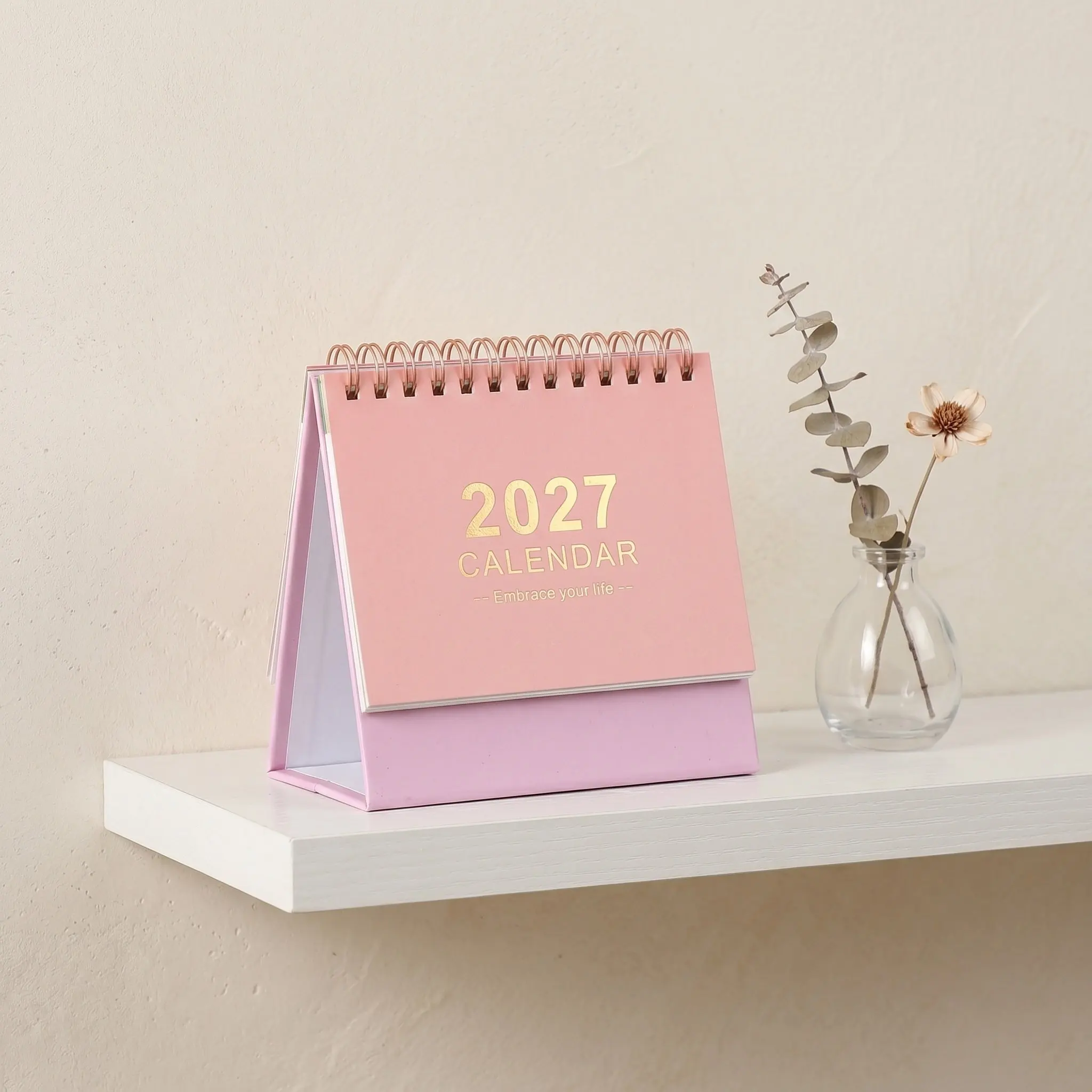 2Pcs Desk Calendar 2027 Minimalist Standing Monthly Flip Planner Spiral Bound Pink Green Purple White Small Desktop Calendar