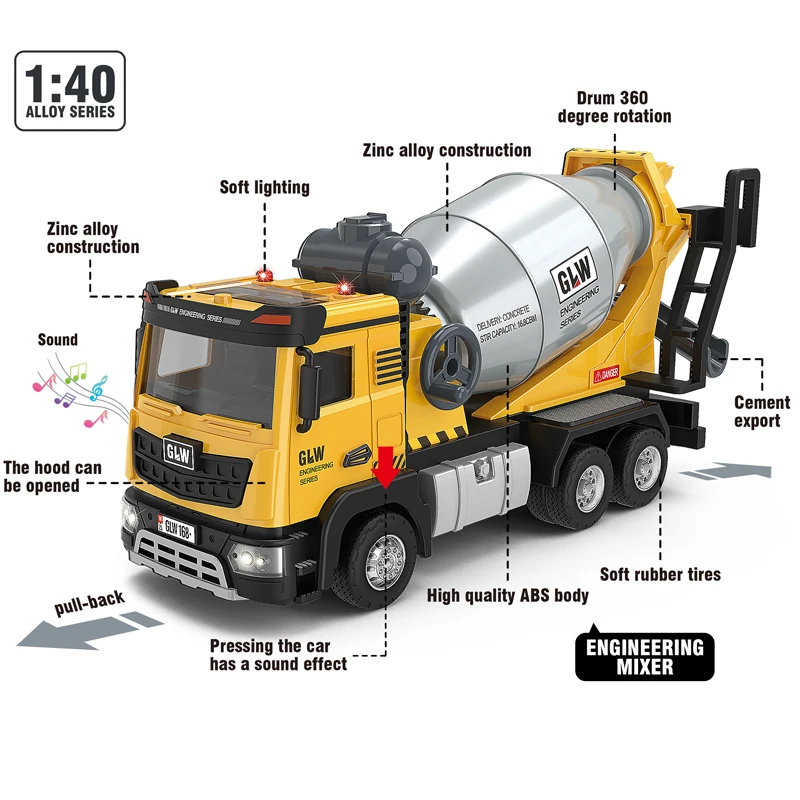 1:40 Vehículo de ingeniería Camión de transporte Mezclador de cemento Simulación de retroceso Iluminación y sonido Diecasts Juguetes Vehículos para niños