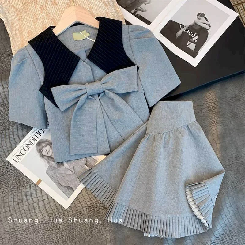 Two Piece Sets Women Outfits Bowknot Korean Fashion Dress Sets Oversized Sweet Preppy Style Short Sleeve Shirt Pleated Skirts