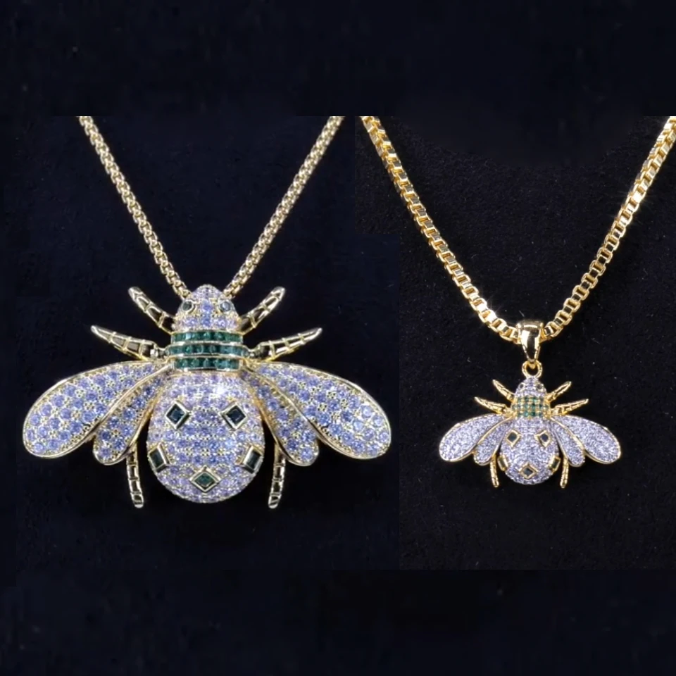 VANAXIN Cute Bee Pendant Necklace for Women Men 14k Gold Plated Sparkling Zircon Inlaid Hip Hop Jewelry Fashion Statement Charm