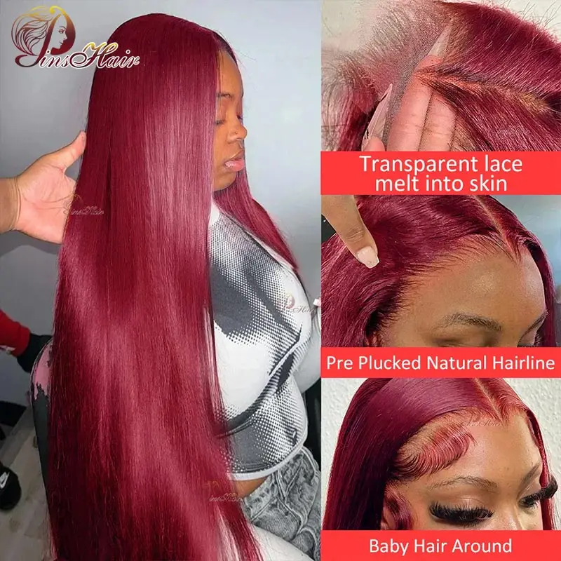 Burgundy 99J 13x4 Transparent Lace Human Hair Wig Straight Lace Frontal Wigs Pre Plucked 30 Inch Remy Human Hair Wigs For Women