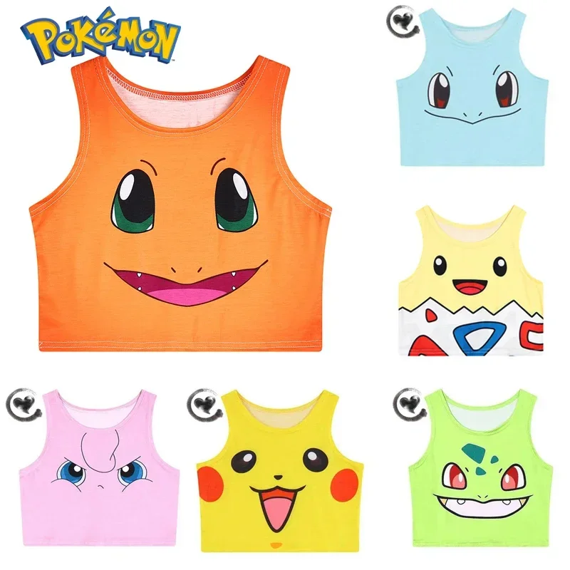 Pokemon Pikachu Camisole Summer Vest Women Cartoon Anime Clothes Casual Solid Color T-shirt Slim Top Sexy Crop Sleeveless Vest