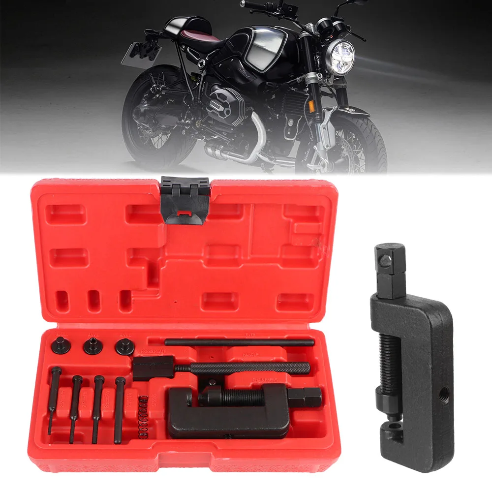 With Red Case Heavy Duty Cam Drive Chain Breaker Splitter Link Riveter Set Motorcycle Bike Riveting Repair Tool Kit 13Pcs