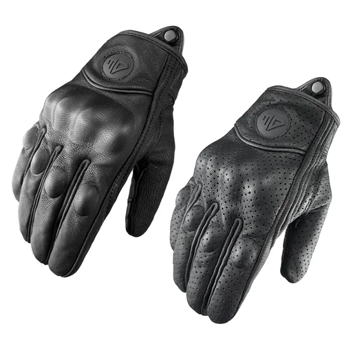 Guantes Retro para motocicleta, guantes perforados, transpirables, de cuero genuino, negros, para todas las estaciones, carreras, ciclismo, Motocross, bicicleta, Caballero