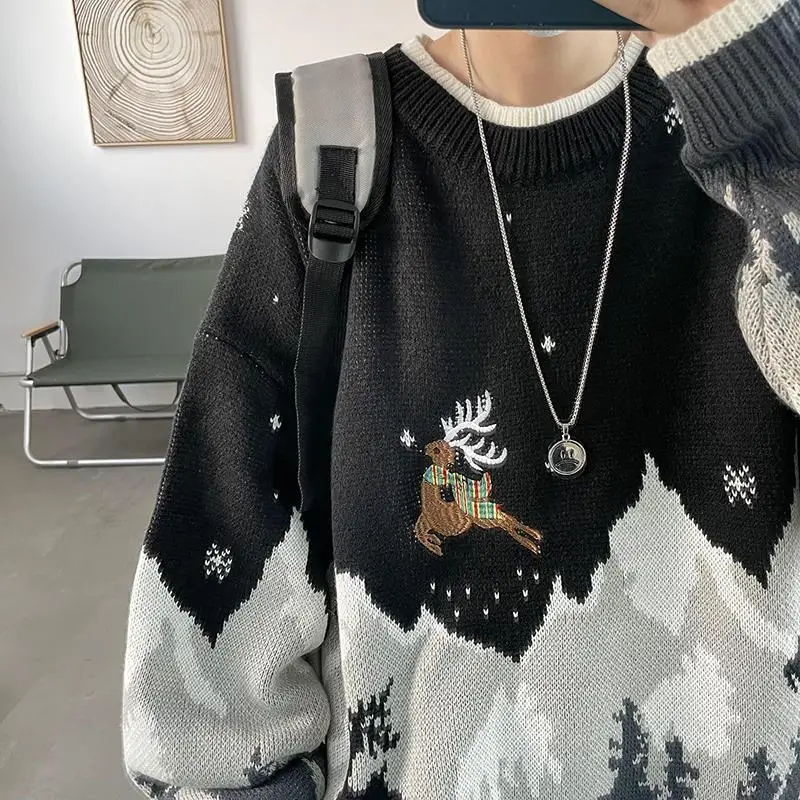 Elk Christmas sweater design restoring ancient ways American high street male qiu dong season and thicken celebrity sweater coat