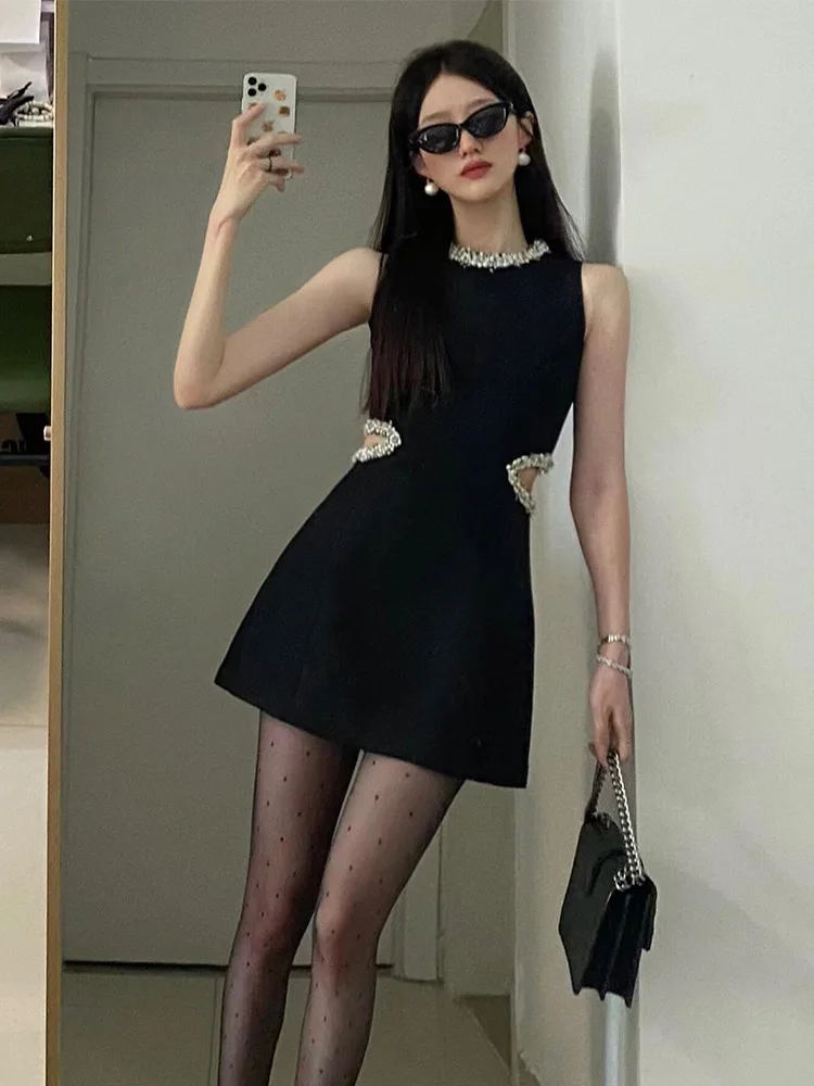 

Slimming A-Line Dress Women's Summer High Waist Sleeveless Korean Style Commute Pure Color Short Skirt Bodycon Dress