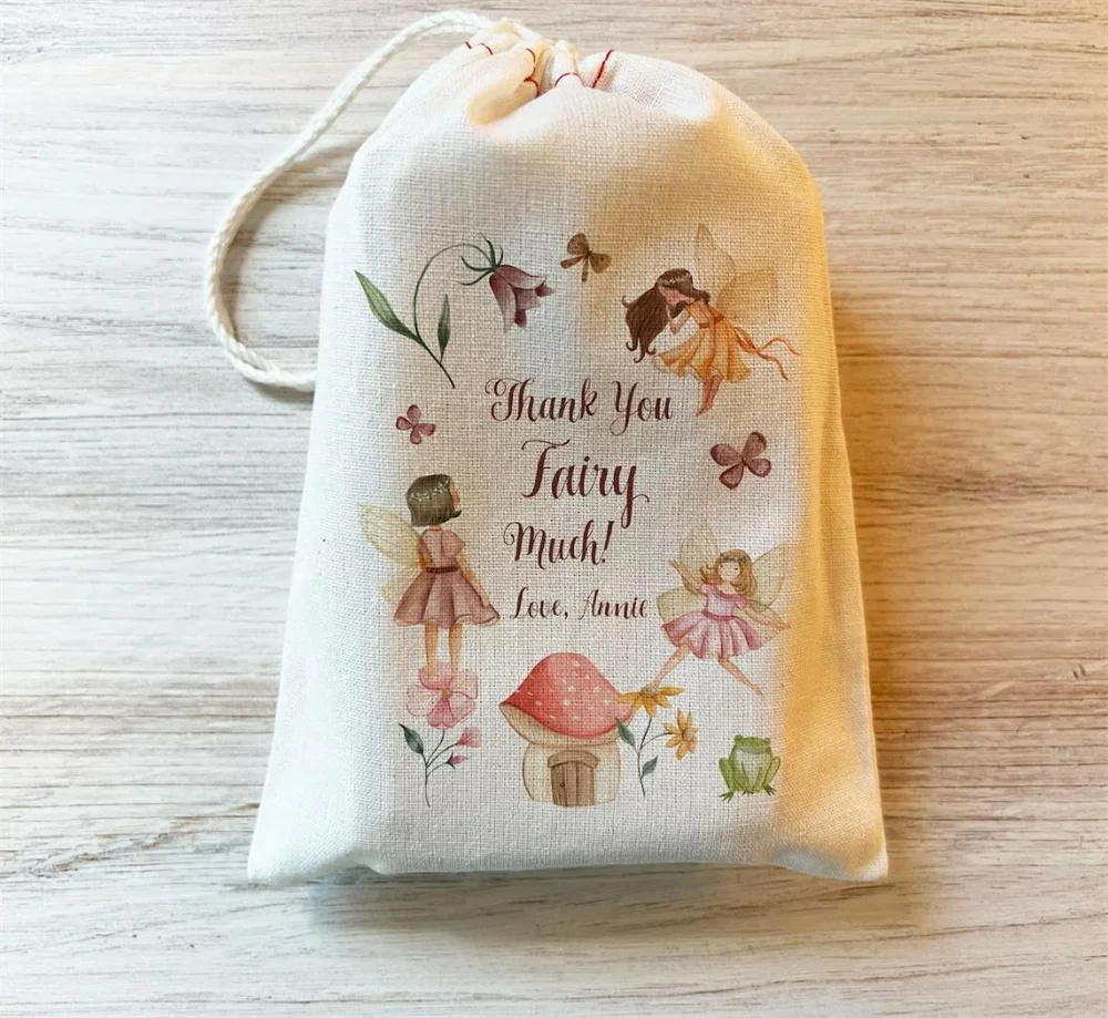 Bolsa de recuerdo de fiesta de cumpleaños de hadas de 20 piezas, bolsas de recuerdo de algodón personalizadas con cordón para Baby Shower