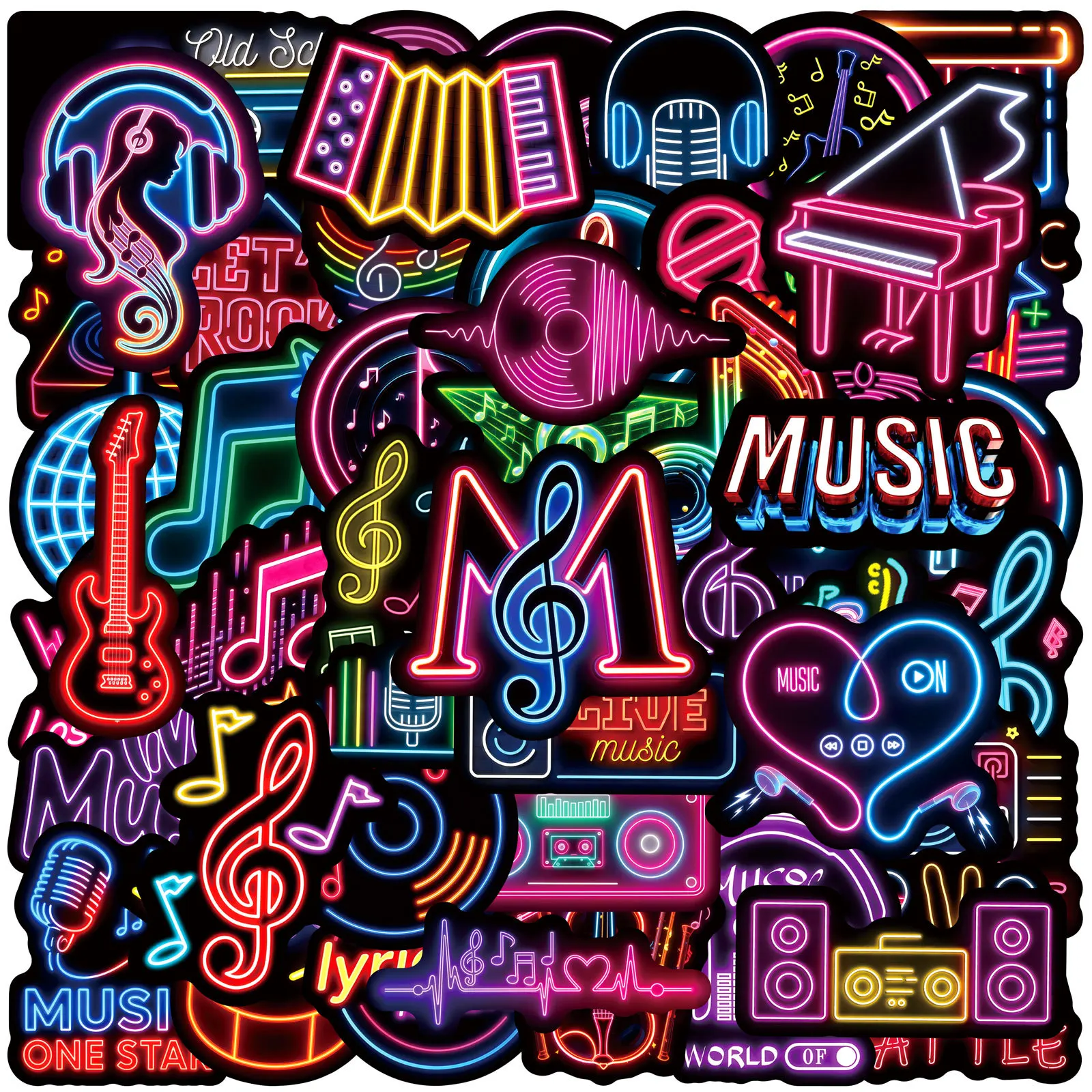 

50PCS Neon Style Music Stickers Graffiti Decoration Water Cup Mobile Phone Case Notebook Waterproof DIY Toy Gift Stickers