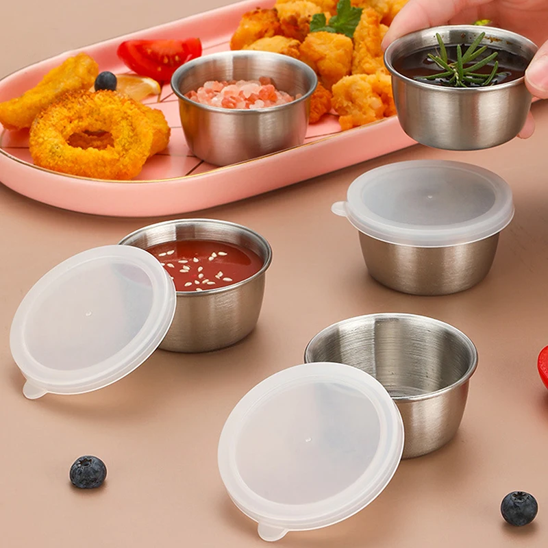 1/6pcs 40ML Salad Dressing Container Sauce Dishes Portable Stainless Steel Small Sauce Cup With Leakproof Lids Dipping Cups view 2
