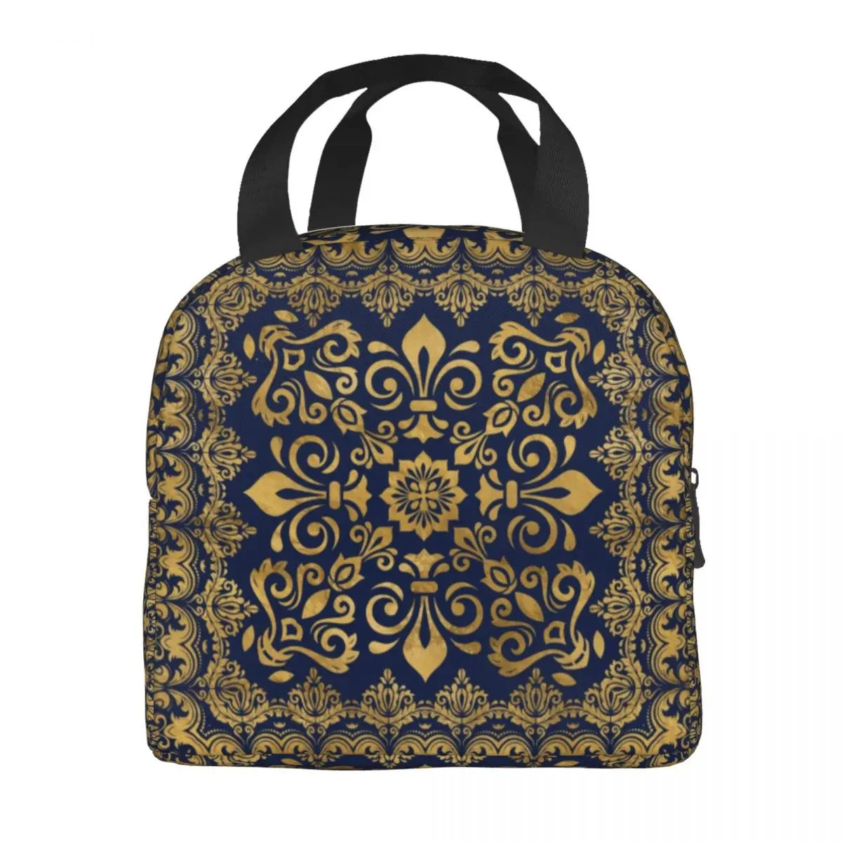 Oriental Damask Fleur De Lis Insulated Lunch Bag for Women Fleur-De-Lys Lily Flower Cooler Thermal Bento Box Office Work School