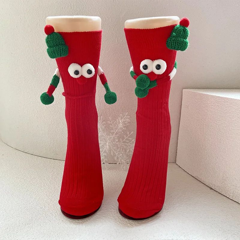 Classic Christmas-Themed Magnetic Socks Cute Cartoon Eye-Printed Hand-Holding Cotton Knee-High Socks Unisex Chic Christmas Gifts