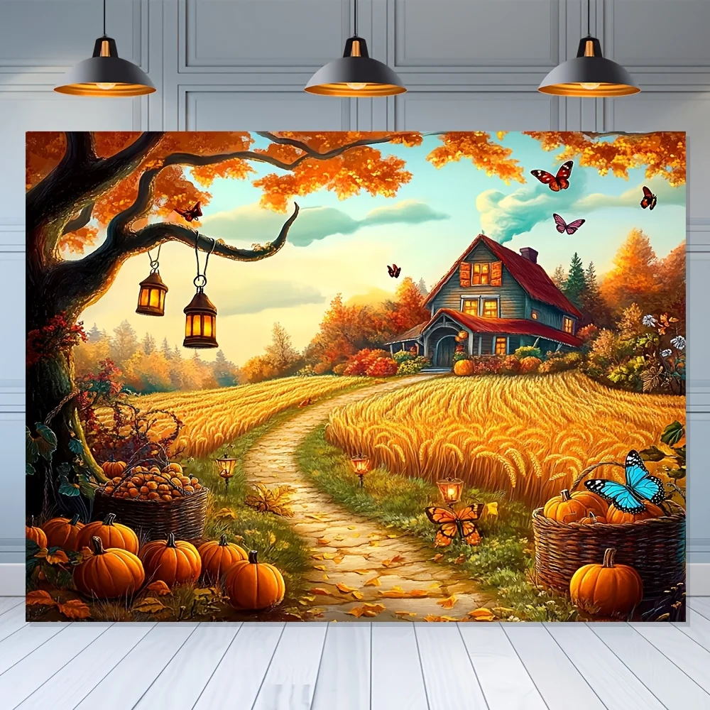 Autumn Harvest Scene with Pumpkin Field Cottage and Lanterns Wall Mural for Living Room Fall Decor Seasonal Home Art