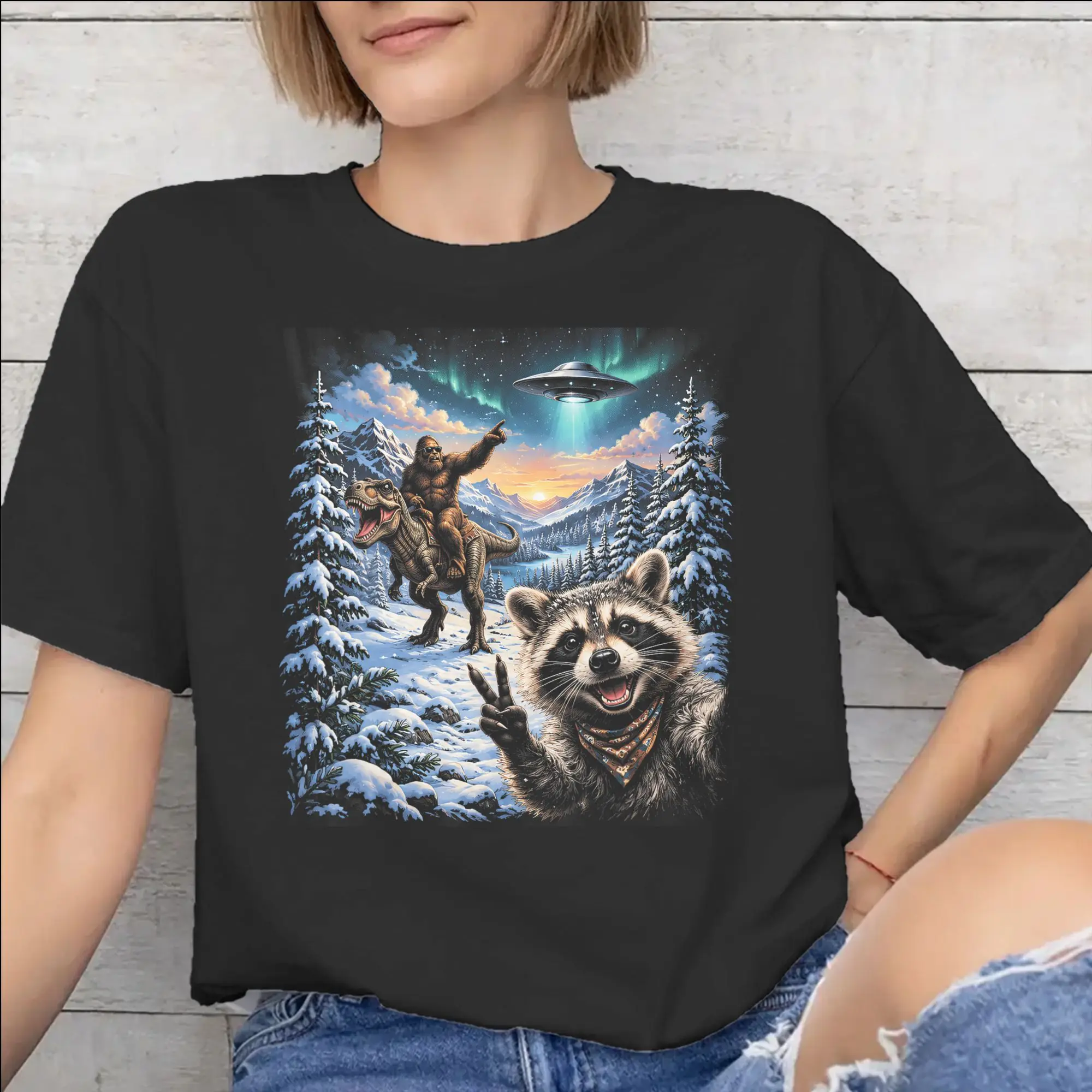 Funny Bigfoot Ride Dinosaur Raccoon Tee Shirt for Men Women Printed T Shirts  100% Cotton Clothes