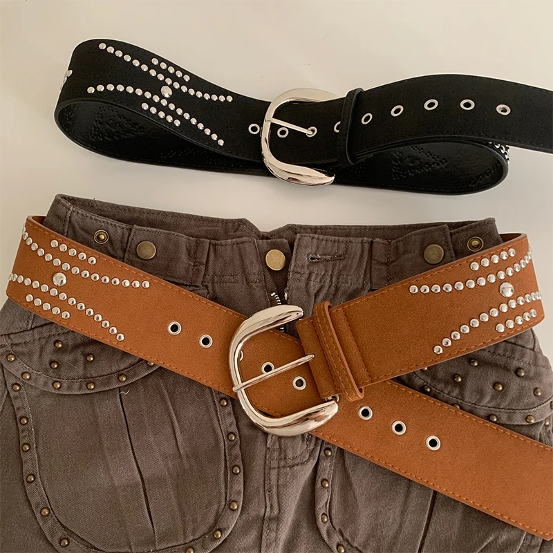 

Y2k spicy girl black heavy industry rivet belt women's decoration with skirt retro personality niche feeling slimming belt trend