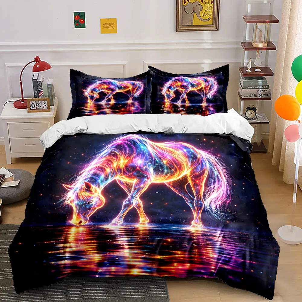 

"Vibrant Horse-Themed Art Decor" kid's and adults' bedroom decor, Exquisite three-piece bedding set gift