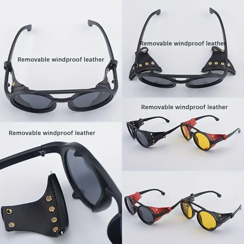 Sunglasses Windproof Mountaineering Steampunk Round Eyewear For Men With Leather Side Goggles UV400 Cycling Riding Glasses