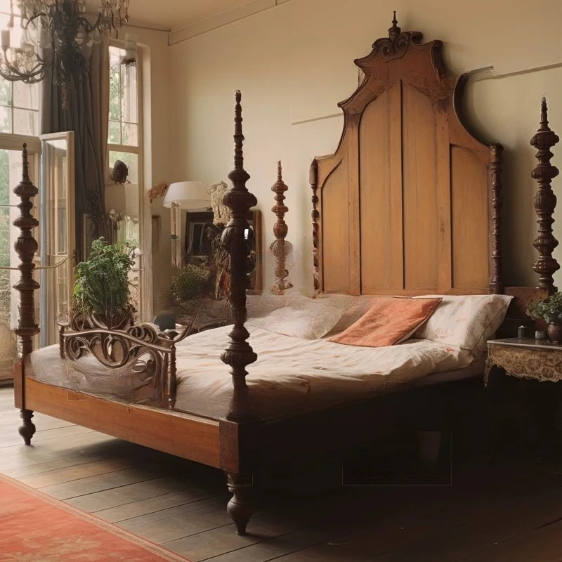 Medieval style high backrest carved bed master bedroom wedding bed high Roman column solid wood bed