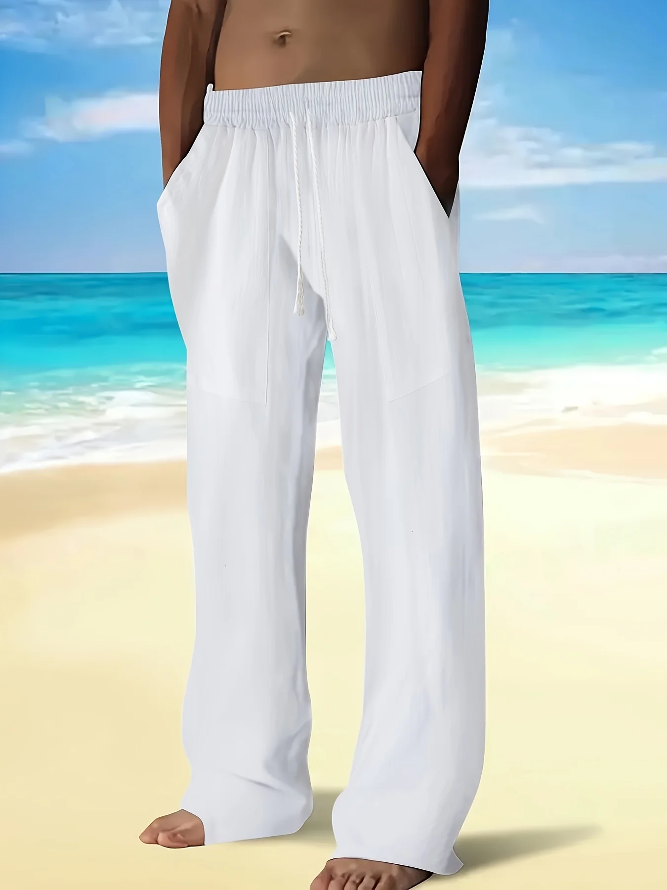 

New spring and autumn men's Chinese-style solid-color cotton and linen trousers with multiple pockets and drawstring designs