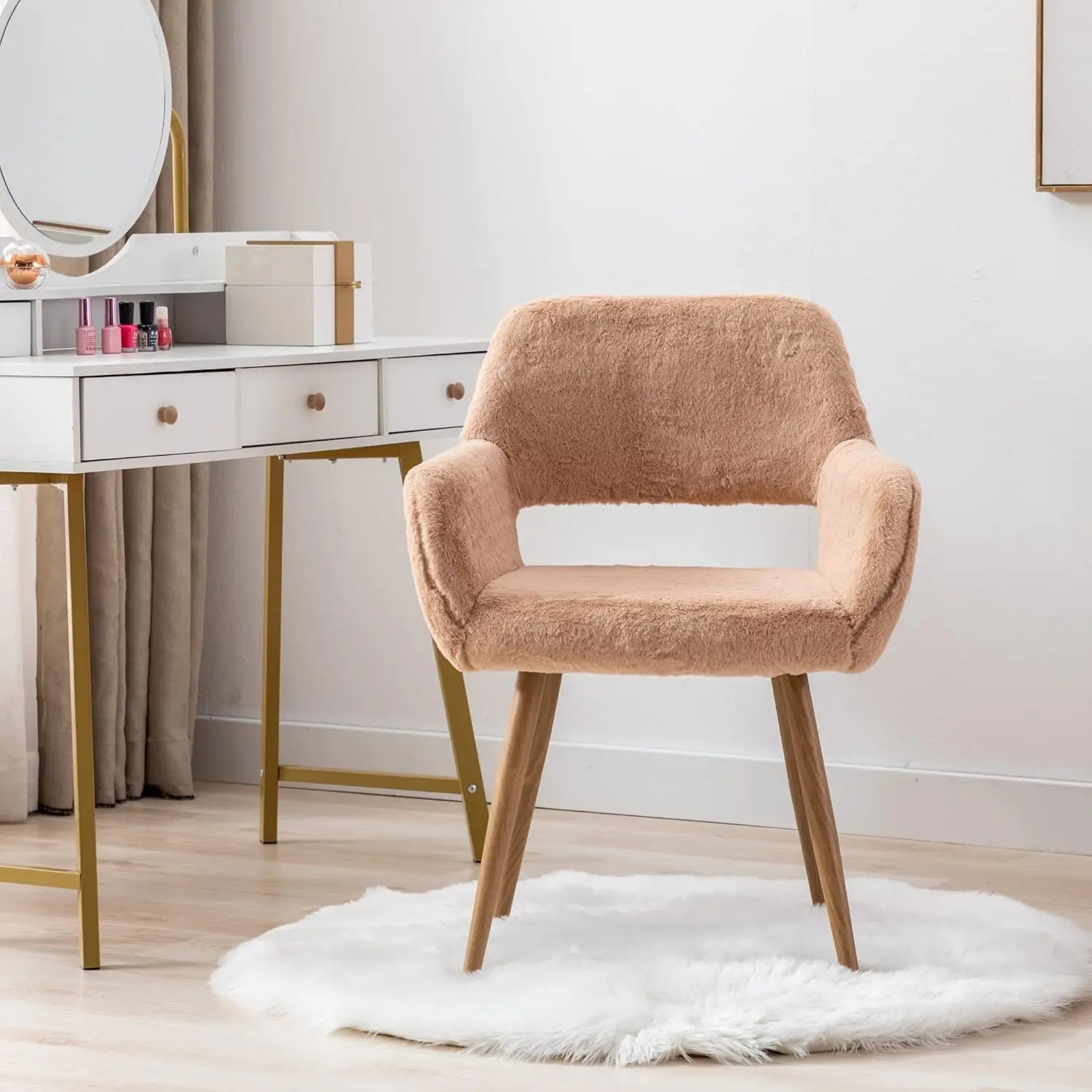 Meados do século moderno sotaque Faux Fur Desk Chair Set para meninas adolescentes, poltrona confortável com olhar de madeira, pernas de metal, conjunto de 2