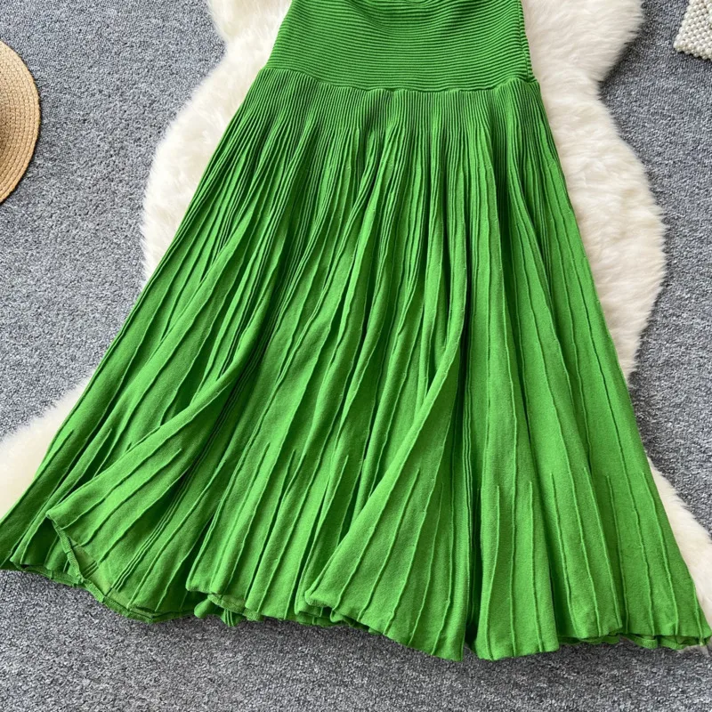 HKSH Spring Autumn New Women's Dress O-neck Sleeveless Knitted Patchwork Pleated Solid Color Elegant Trendy Long Dresses HK14805