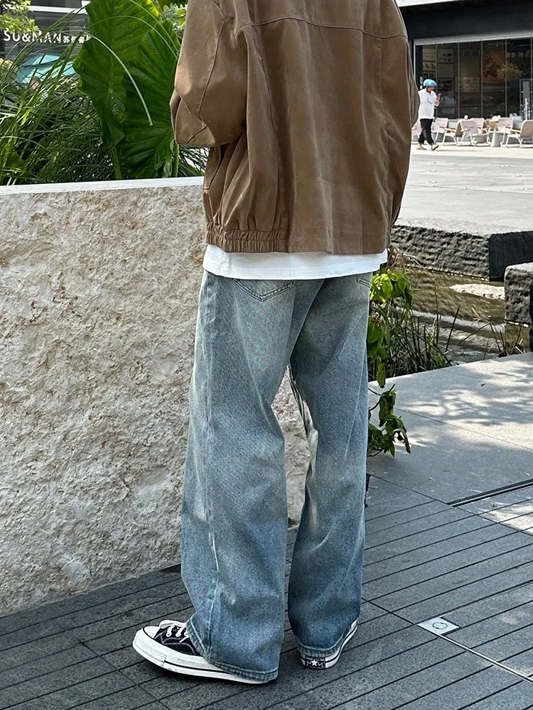 

Прямые джинсы с американской талией в стиле ретро, мужские свободные повседневные модные широкие длинные брюки из полиэфирного волокна, молния со средней талией