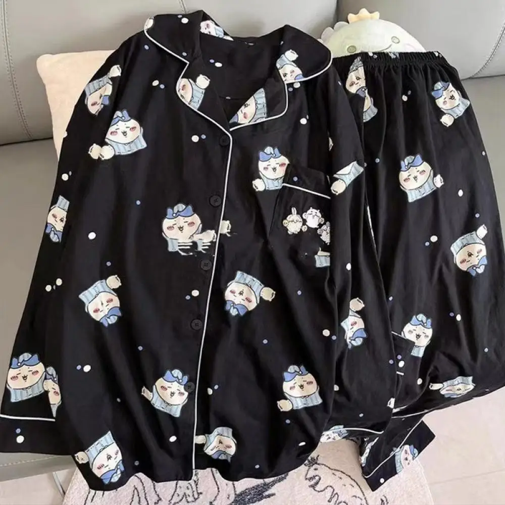 Kawaii Women Pajamas Suit Usagi Chiikawa Cotton Cartoon Hachiware Spring Casual Home Wear Anime Long-Sleeved Pants Nightclothes