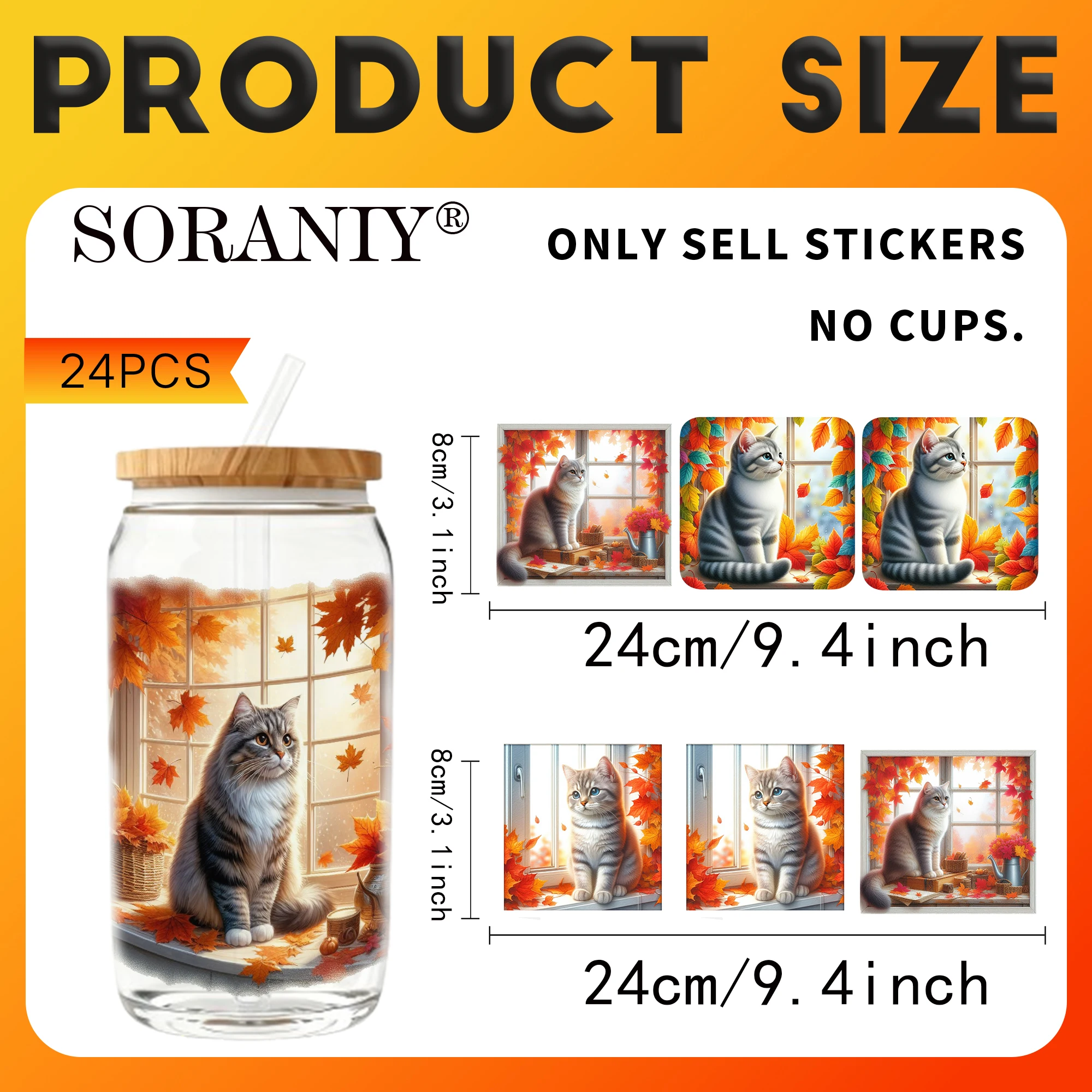 UV DTF Transfer Stickers - 24Pcs/Set Window Cute Autumn Cat Theme UV DTF 16OZ DIY Transfer Stickers