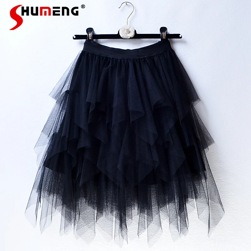 

2024 Summer New Fairy Ladies Mesh Cake Mid Skirt Sweet Fashion Women's High Waist Irregular Six-Point A- Line Bubble Skirts