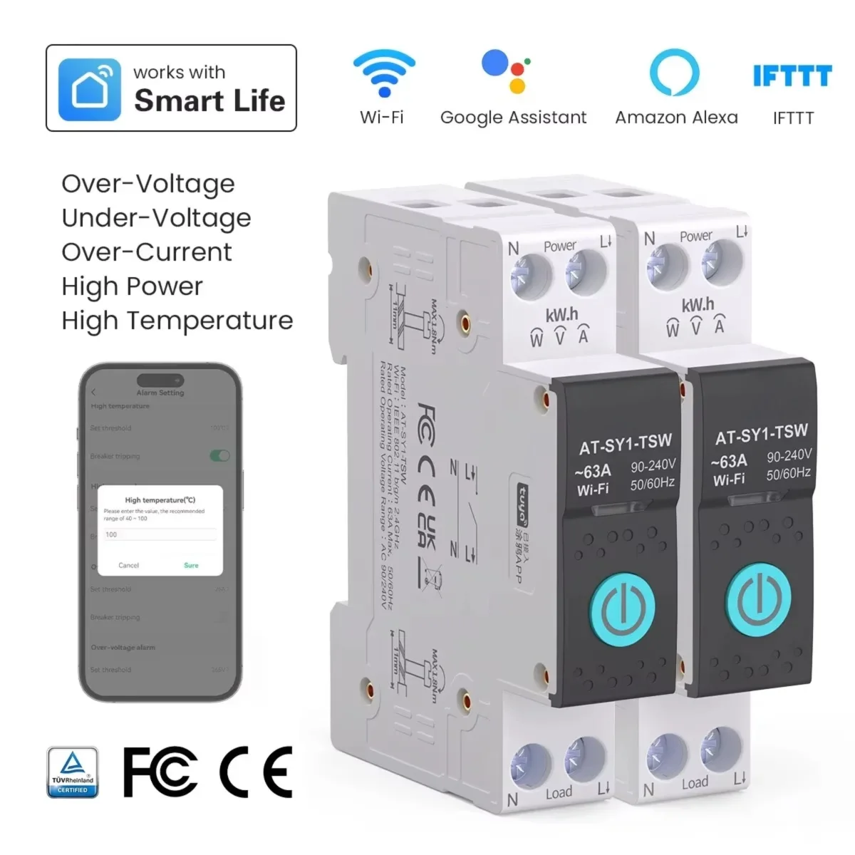 Tuya WiFi Smart Circuit Breaker with Metering and Timer Switch, Overcurrent and Undervoltage Protection, Power Measurement 1-63A