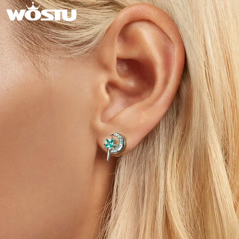 WOSTU 925 Sterling Silver Star Moon Stud Green Zircon Earrings For Women  Exquisite Shiny CZ Party Ear Studs Girl Birthday Gift image 2