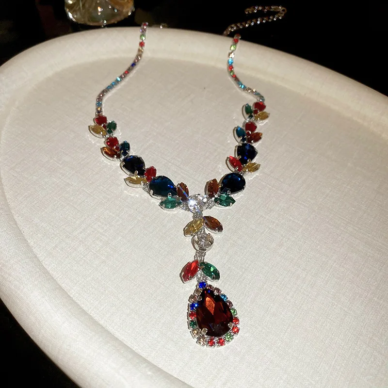 DREJEW Luxury Jewelry Set for Women Silver Needle Colored Zircon Leaf Earrings  Necklace Vintage Exquisite Wedding Gits