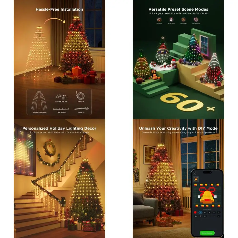 

6.6ft 24-String RGBIC 480 LED Christmas Lights, Music Sync, Voice & App Control, 60+ Scenes, Green Wire Included