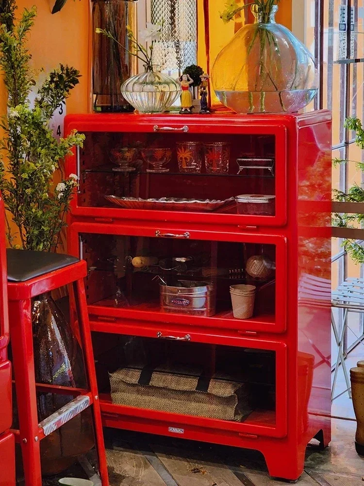 Industrial Style Three-Door Glass Metal Wine Cabinet Simple Studio Hallway Storage Showcase