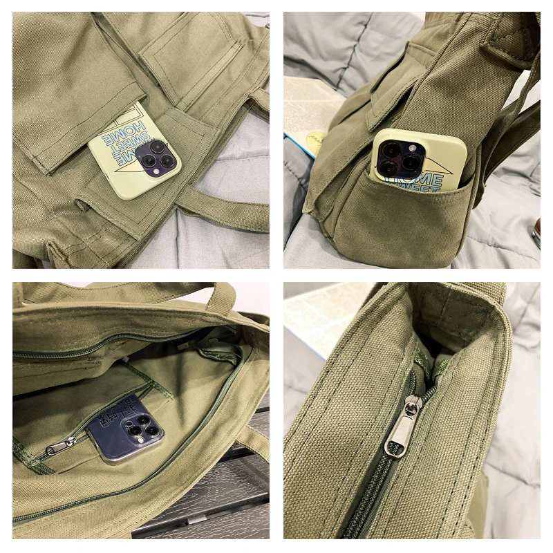 حقيبة نسائية كبيرة من القماش حقيبة صديقة للبيئة حقيبة ساعي كورية Y2K حقيبة كتف كروس للمتسوقين حقيبة مورس للجنسين جيوب حقائب يد عتيقة