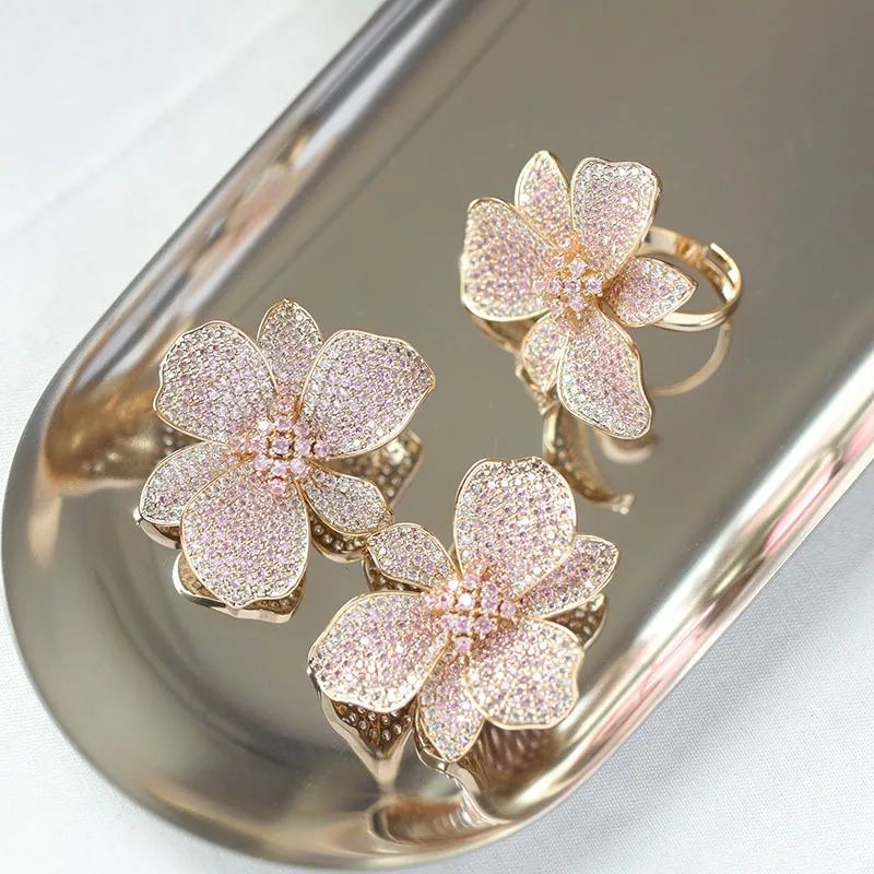 Europe hot fashion jewelry 18K gold plated copper zircon exaggerated flower earrings luxury women\'s wedding party accessories