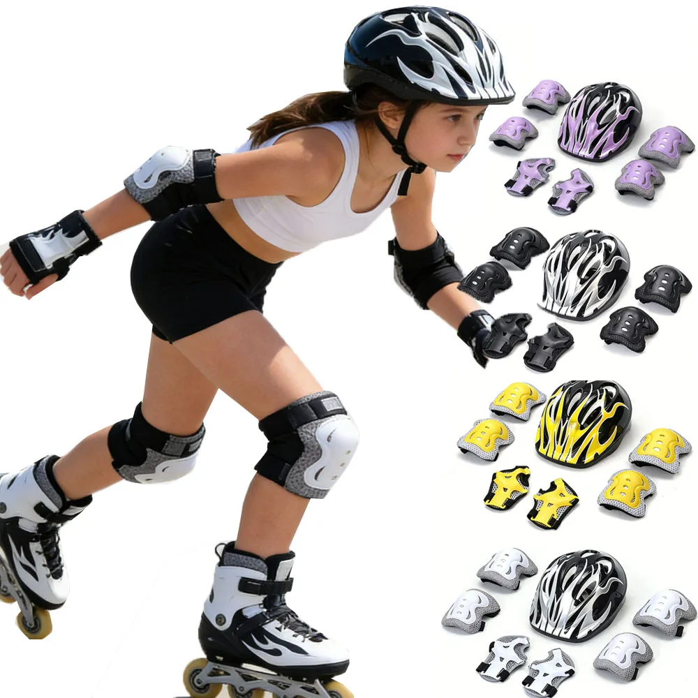 Juego de casco de bicicleta para niños, rodilleras para monopatín, juego de almohadillas para casco, conjunto de equipo de protección ajustable para niñas y niños, 7 Uds.