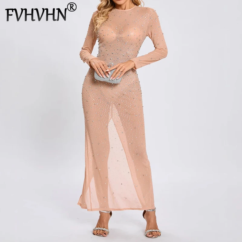 

FVHVHN модные темпераментные сетчатые платья с длинными рукавами для женщин, облегающее длинное банкетное платье с тяжелым ромбовидным дизайном, женское 1A103