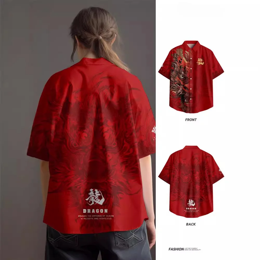 Red Oversized Chinese Dragon Print Streetwear Hawaiian Shirt 2024 Men Beach Short Sleeve Harajuku Aloha Shirt Camisas